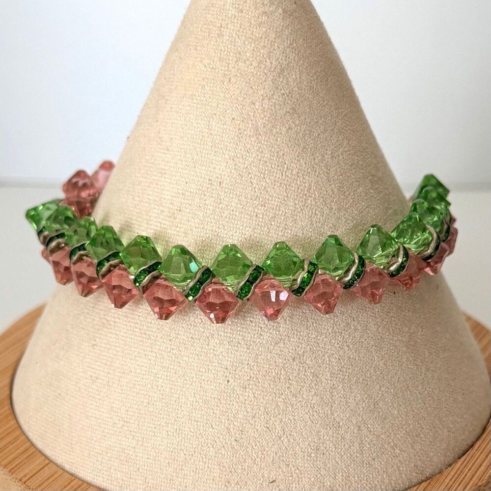 Vintage Pink & Green Crystal Bracelet Sterling Silver Toggle Clasp